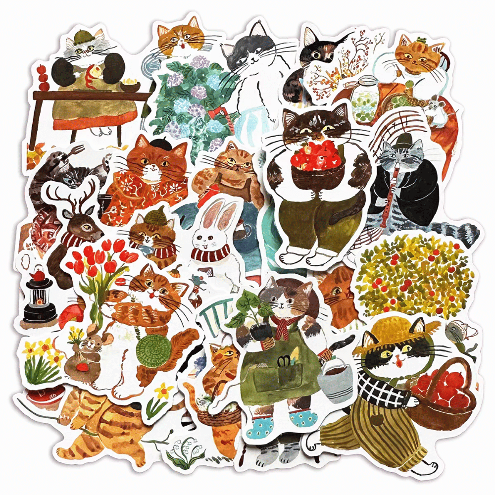 Vintage Cat Life Sticker Pack - 25 Pcs
