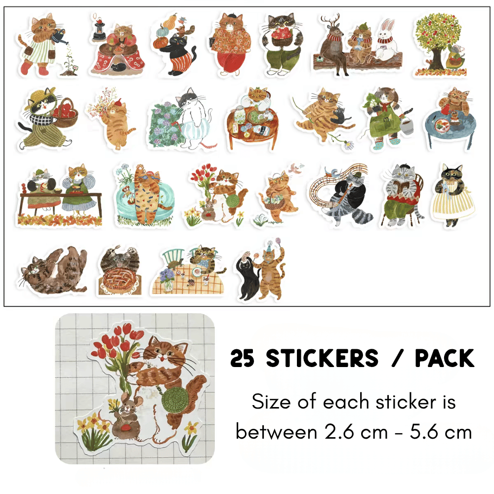 Vintage Cat Life Sticker Pack - 25 Pcs